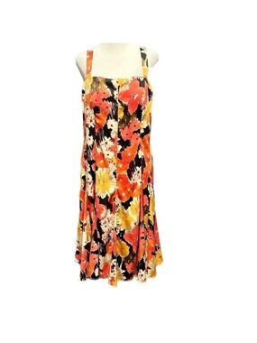 madison leigh Floral Sundress Princess Style Square Neck Coral Yellow Brown Sz12